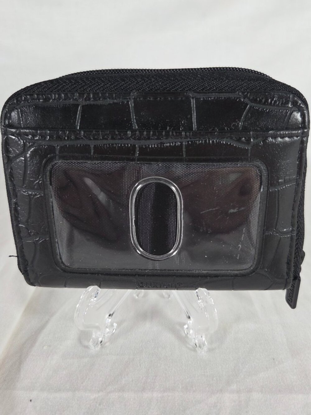 Buxton Black Croc Embossed Leather Accordion Zip Around Card Wallet ID Slot